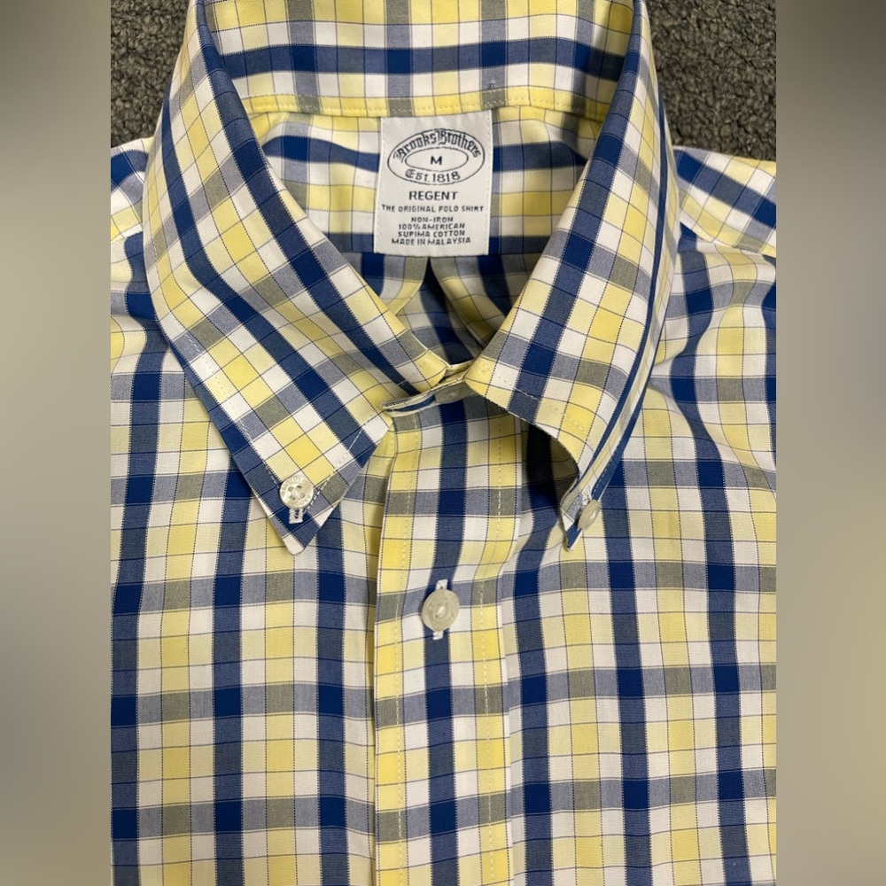 Brooks Brothers Regent Original Polo Shirt Blue & Yellow Multi-Check (Men’s M)